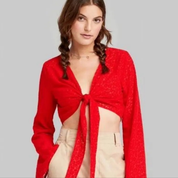 Red Wild Fable Sheer Floral Bell-Sleeve Top (M) - Picture 1 of 4